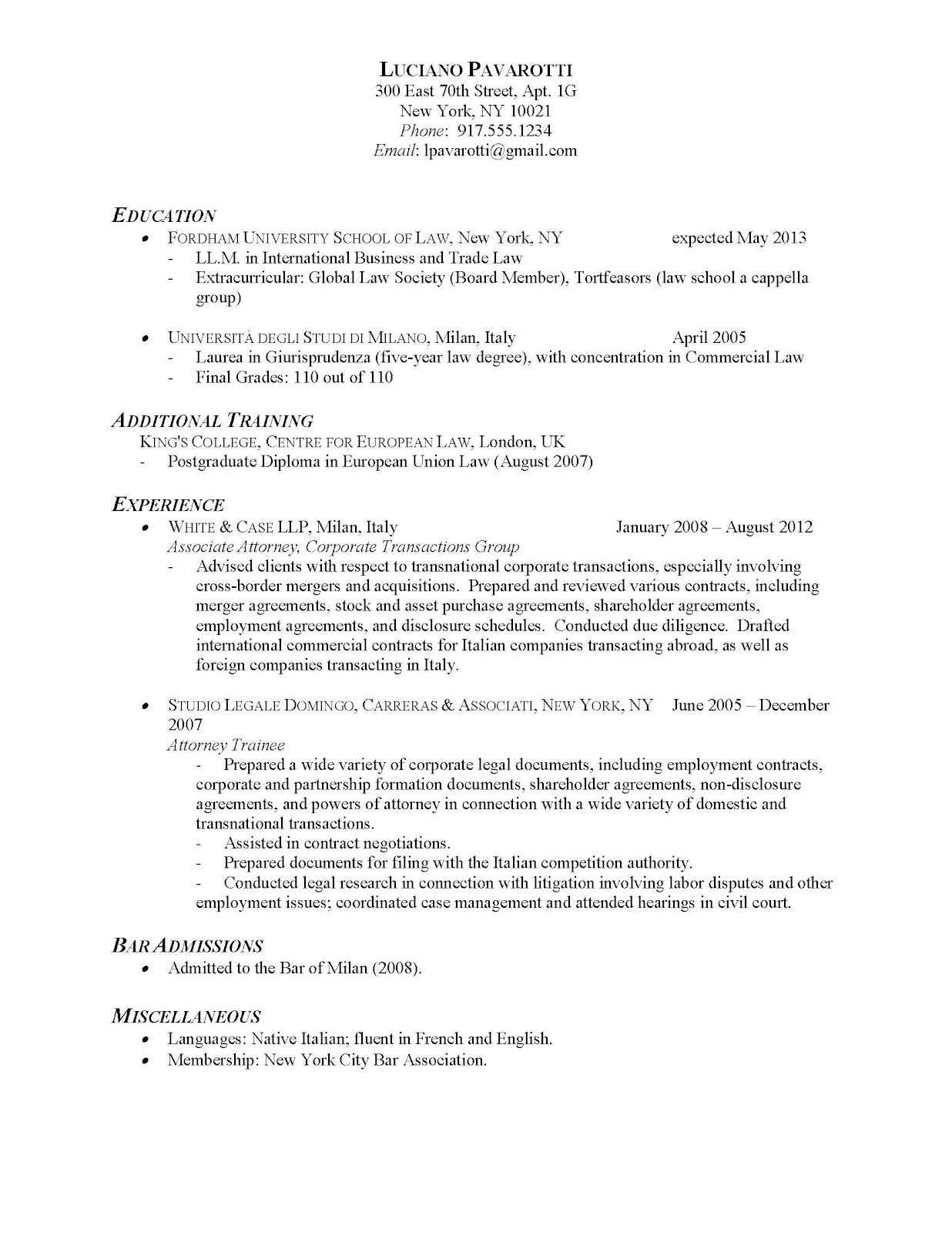 Attorney resume sample law school